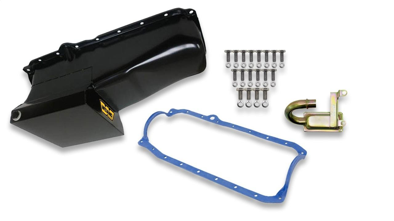 Weiand 1980-1985 Small Block Chevy Oil Pan Kit 7QT Rear Sump Steel Black Drag Racing - 5004WND-WEI