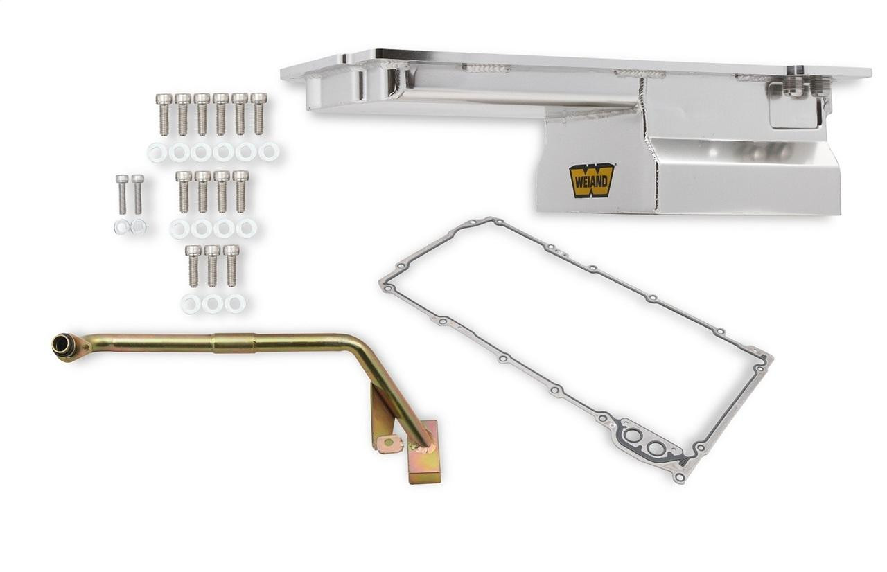 Weiand LS Oil Pan Kit w/3/8 Flange LS1/2/6/LQ9 7QT Rear Sump Aluminum, Silver - 5045WND-WEI