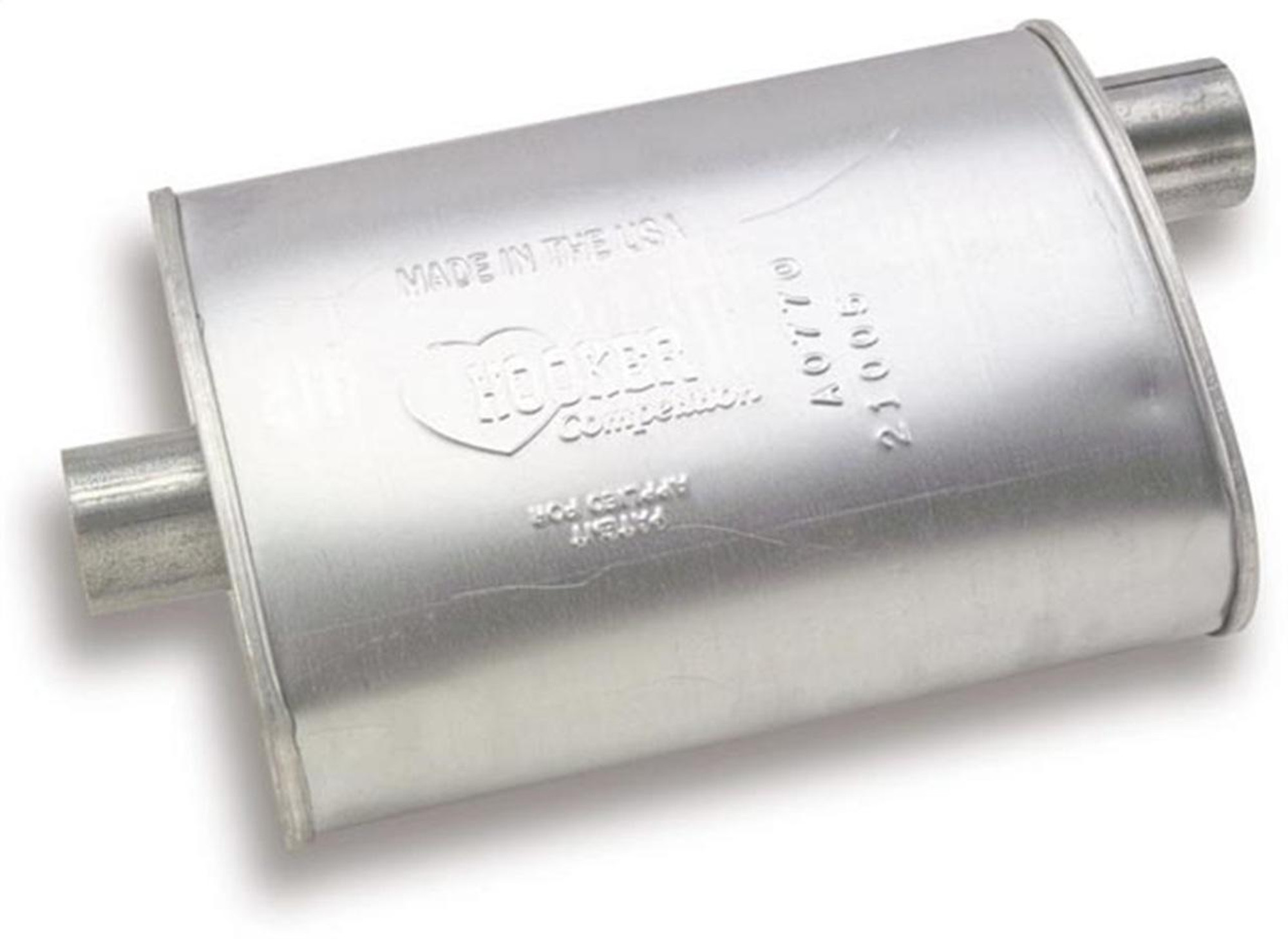 Hooker Competition Turbo Muffler, 2.25 Offset Inlet 2.25 Center Outlet, Silver - HKR-21005HKR