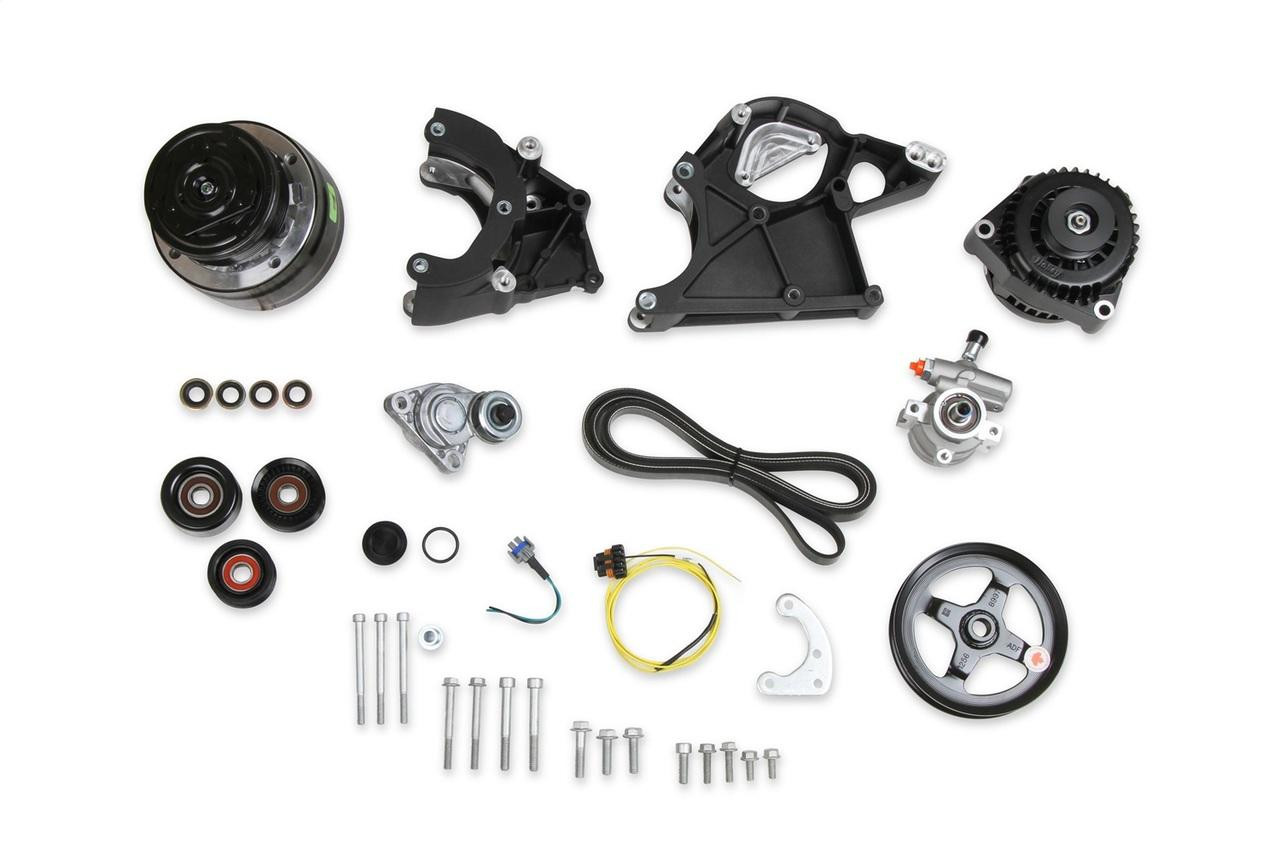 Holley LS/LT, Accessory Drive Kit w/R4 A/C, Alt, P/S, Belt, and Pulleys, Black - HOL-20-136BK