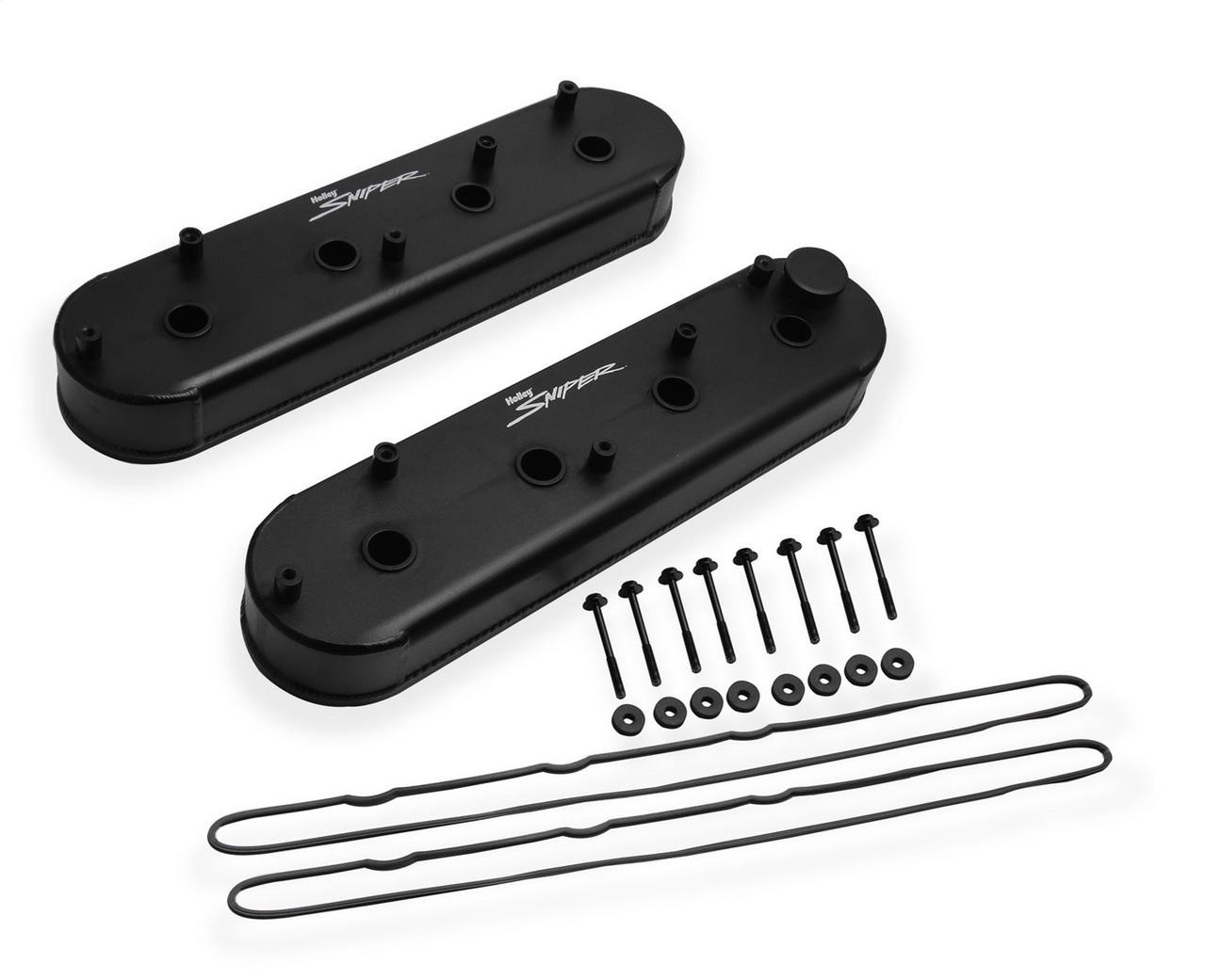 Holley LS Aluminum Valve Cover Set w/OEM Coil Stands and Holley Sniper Logo, Satin Black - HOL-890014B