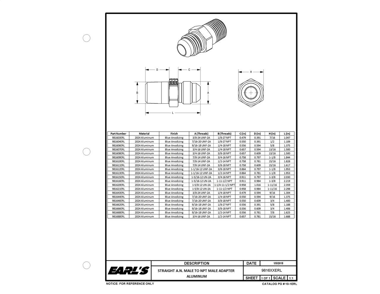 Earls Performance Straight Male AN -10 To 1/2 NPT, Blue Anodized Lightweight Aluminum - 981610ERL