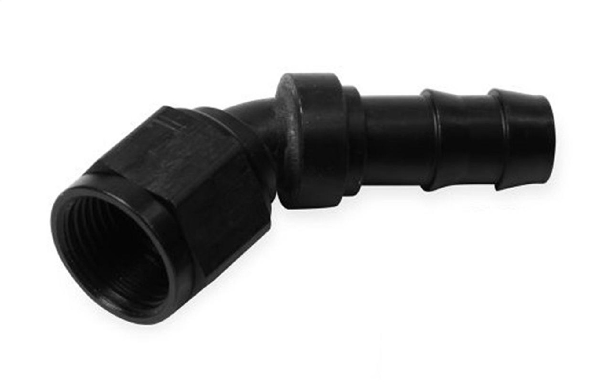 Earls Performance 45° Super Stock -8 Female to 1/2 Barb, Black Anodized Aluminum - AT704609ERL
