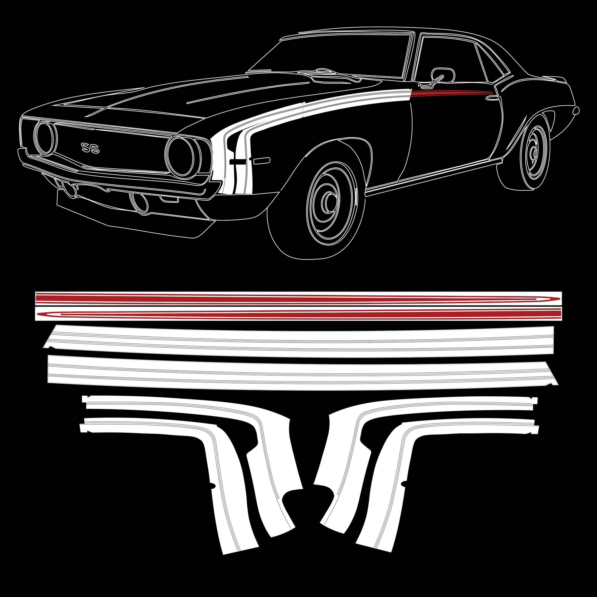 Trim Parts 1969 Camaro SS Stencil and Red Vinyl Hockey Stick Stripe Kit - (TPG-6736)