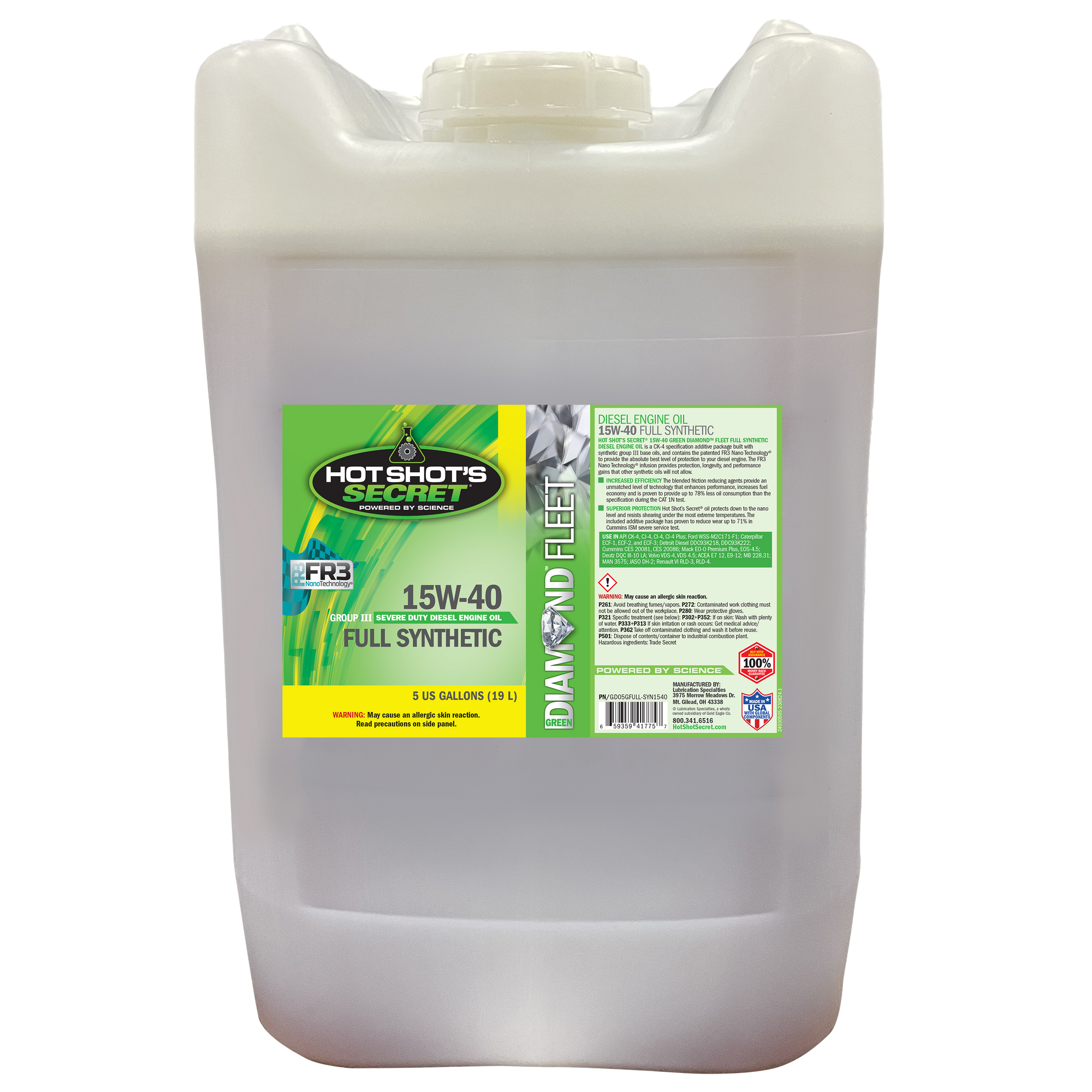 Hot Shot's Secret Hot Shot's Secret® Green Diamond™ 15W40 Full Synthetic Heavy Duty Engine Oil - 5 Gallon  - (GD05GFULL-SYN1540)