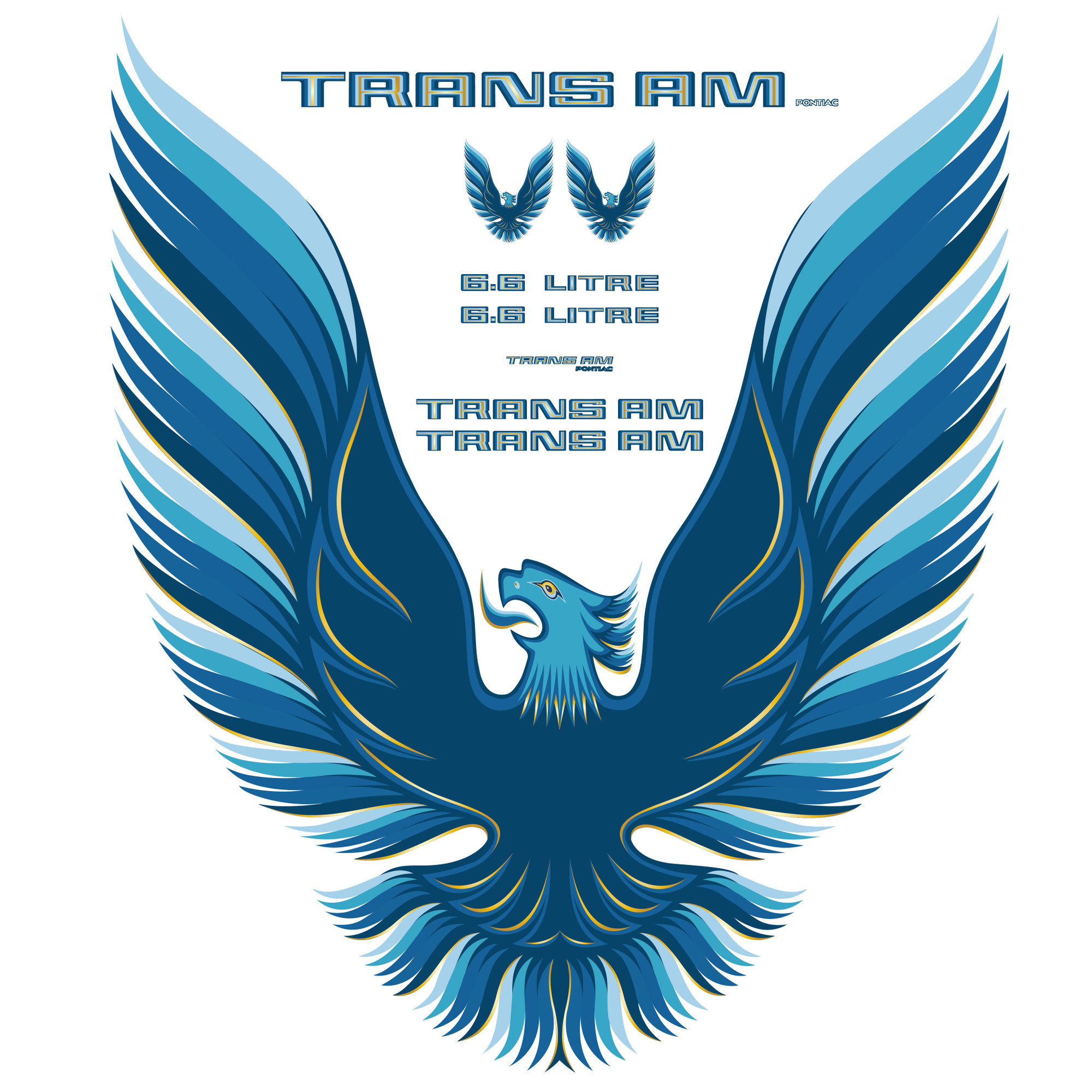 Trim Parts 1979-80 Firebird Trans Am, 6.6 Litre, Full Vinyl Decal Kit with Hood Bird - Blue - (TPG-6276)