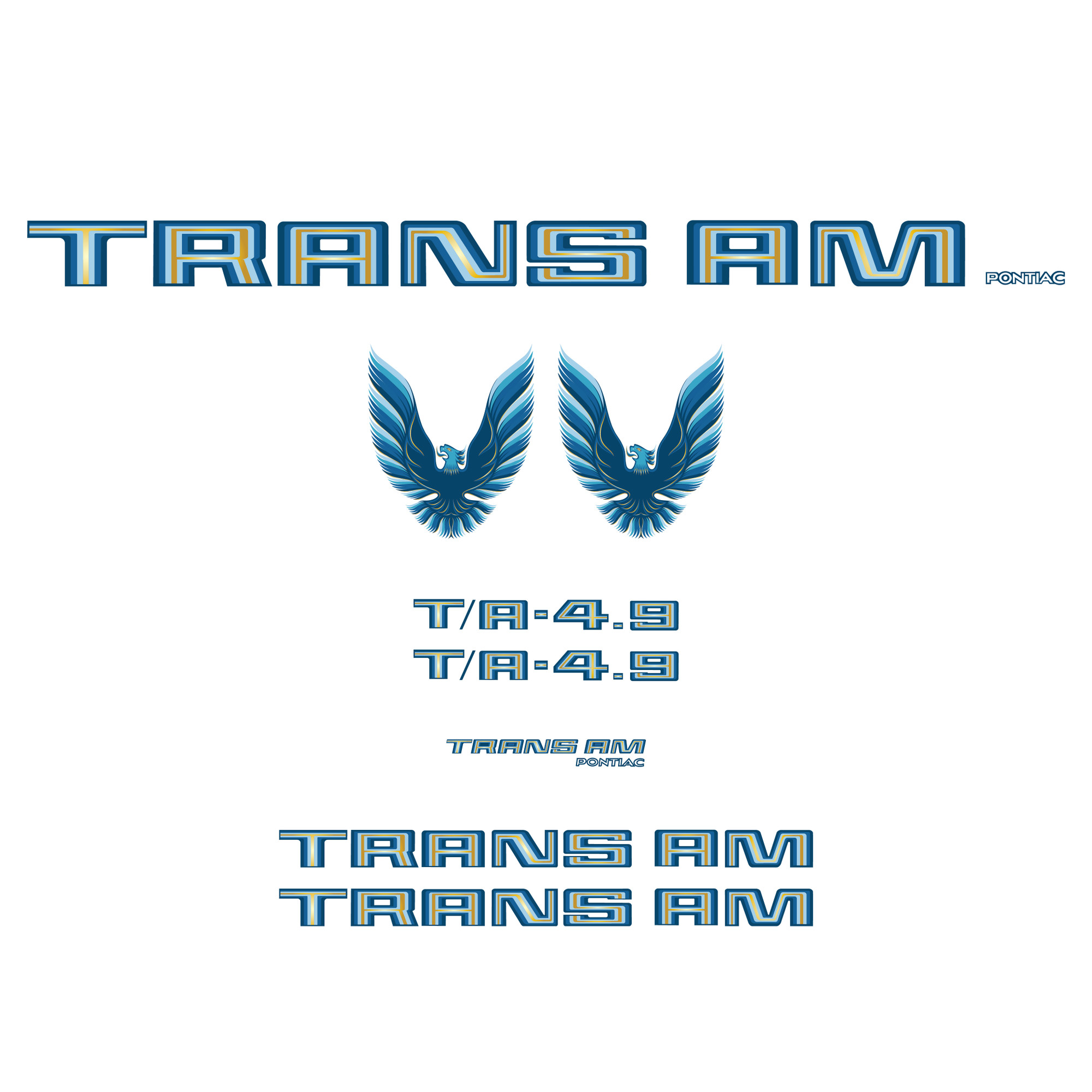 Trim Parts 1979-80 Firebird Trans Am, T/A 4.9, Full Vinyl Decal Kit without Hood Bird - Blue - (TPG-6762)