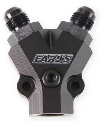 Earls Performance Y-Block, Fuel Distribution Block, 3/8 NPT Inlet 2x 6AN Male Flare Outlet, Black - 100181ERL