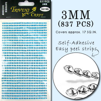 3mm Aqua Flatback Rhinestones (837 pcs) Self-Adhesive - Easy Peel Strips