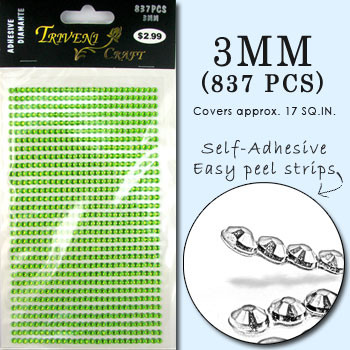3mm Lime Green Flatback Rhinestones (837 pcs) Self-Adhesive - Easy Peel Strips