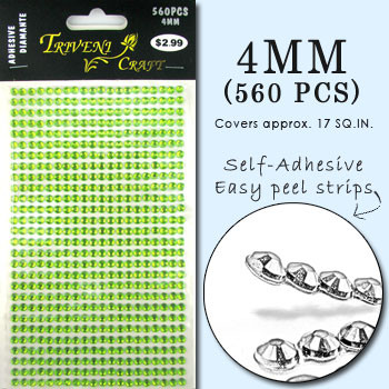 4mm Lime Green Flatback Rhinestones (560 pcs) Self-Adhesive - Easy Peel Strips