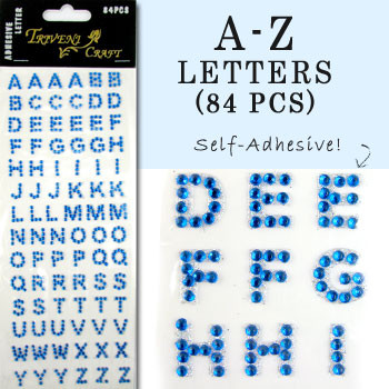 10mm (3/8 in.) Blue Alphabet Letters, Flatback Rhinestones (84 pcs) Self-Adhesive - Easy Peel Strips