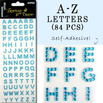 10mm (3/8 in.) Aqua Alphabet Letters, Flatback Rhinestones (84 pcs) Self-Adhesive - Easy Peel Strips