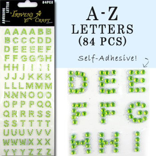 10mm (3/8 in.) Lime Green Alphabet Letters, Flatback Rhinestones (84 pcs) Self-Adhesive - Easy Peel Strips