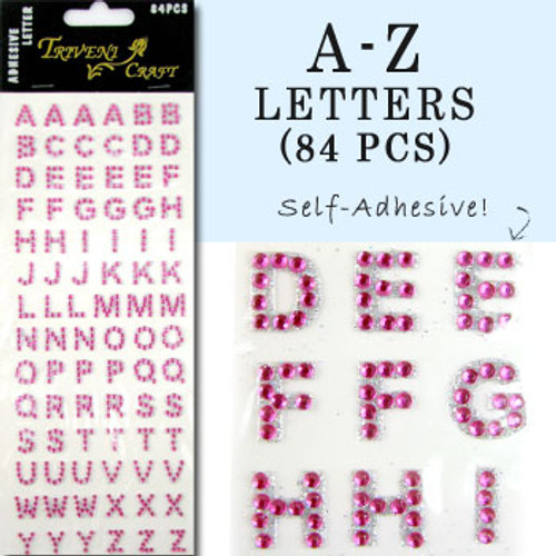 10mm (3/8 in.) Pink Fuchsia Alphabet Letters, Flatback Rhinestones (84 pcs) Self-Adhesive - Easy Peel Strips