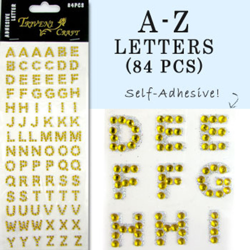 10mm (3/8 in.) Topaz Alphabet Letters, Flatback Rhinestones (84 pcs) Self-Adhesive - Easy Peel Strips