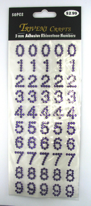 16mm Purple Fuchsia Numbers Flatback Rhinestones (50 pcs) Self-Adhesive - Easy Peel Strips