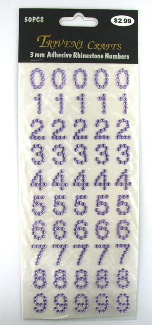 16mm Light Purple Numbers Flatback Rhinestones (50 pcs) Self-Adhesive - Easy Peel Strips