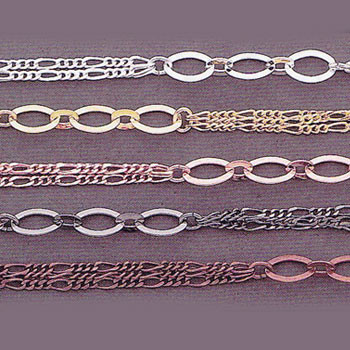 CH060 - 9mm x 6mm Flat Oval w/2" Delicate Figaro Chain, Solid Brass Electroplated (Per Foot)