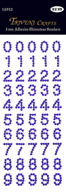 16mm Amethyst (color) Numbers Flatback Rhinestones (50 pcs) Self-Adhesive - Easy Peel Strips