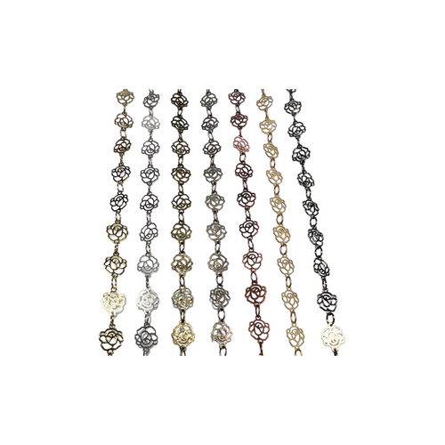 CH921 - 6.5mm Stencil Rose Chain, Solid Brass Electroplated (Per Foot)