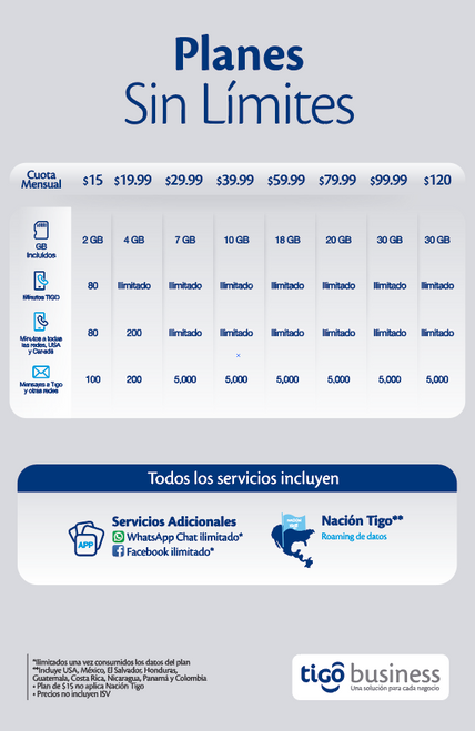 Planes sin limites $ 15; $19.99; $29.99; $39.99; $59.99; $79.99; $99.99; $120