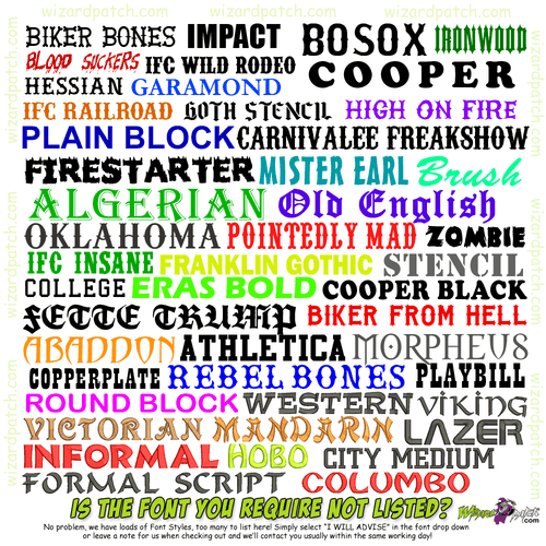 wizard patch available fonts chart for custom australian made embroidered biker vest high quality patches contact us for more fonts!