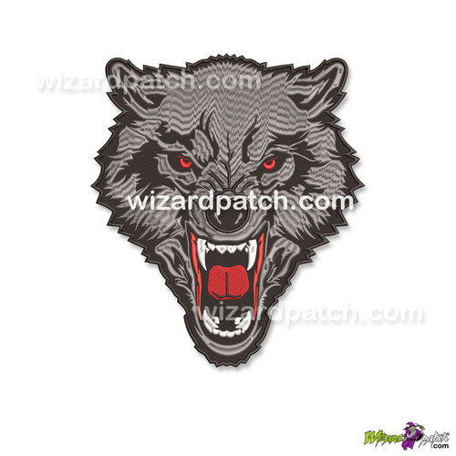 EMBROIDERED ANGRY GREY WOLF BADGE LOGO BACK PATCH WITH PIERCING EYES AND SHARP TEETH DETAILED FACE