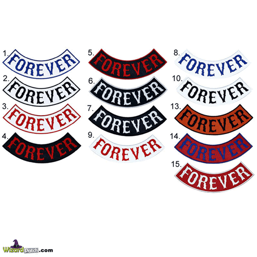 FOREVER EMBROIDERED SWEEPER ROCKER PATCHES FULL SIZE IN BOSOX FONT. DISPLAY YOUR COMMITMENT!