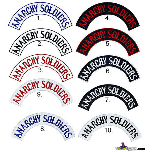 ANARCHY SOLDIERS TOP ROCKER PATCH FULL SIZE APPROX 16.5" WIDE. Available in 10 different colour types