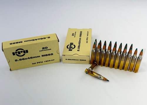 PPU 5.56x45mm NATO M855 62gr FMJ (Green Tip) – Brass Cased