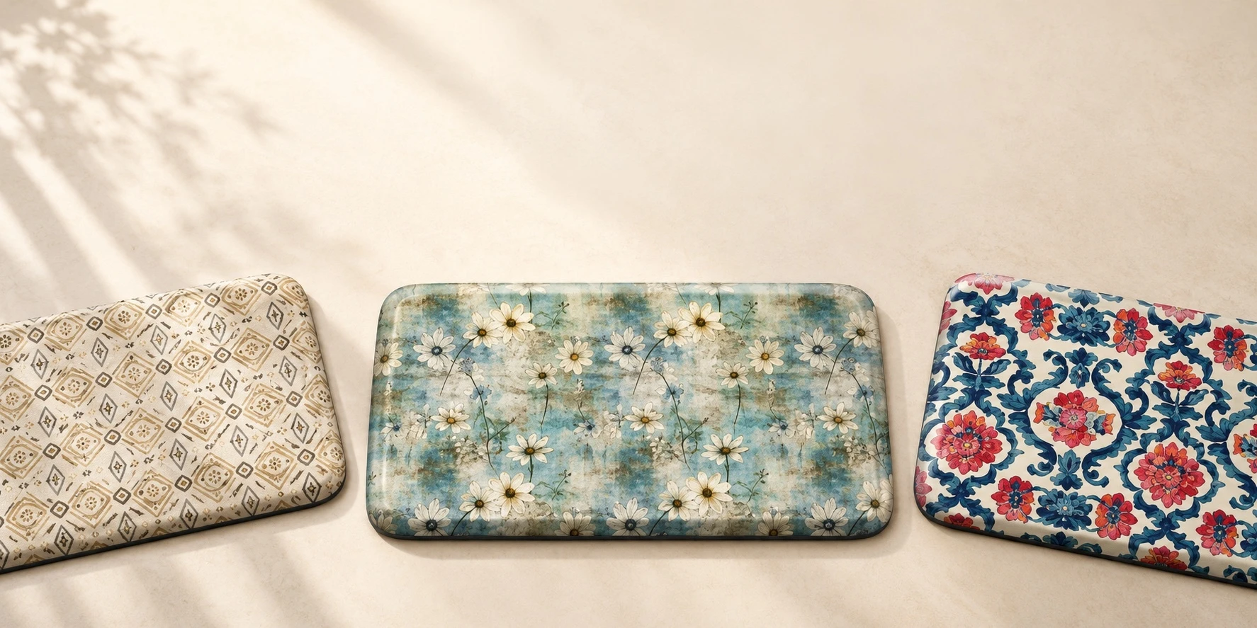 Patterned GelPro cushioned floor mats on a warm ivory floor