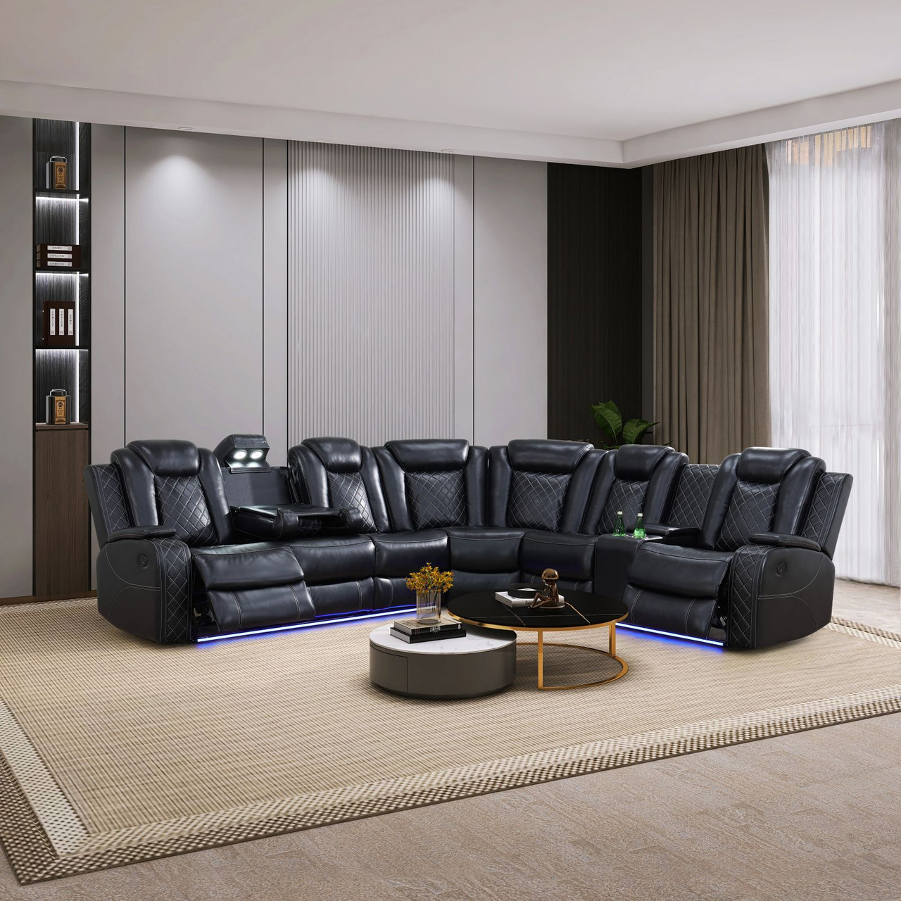 3-Piece Black Breathing Leather Sectional GN4730 Kassa Mall