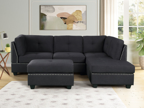 Sienna 3pcs. L Shaped Sectional with Ottoman in Linen by Happy Homes