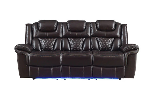 Party Time Brown Reclining Sofa in Leather Gel with Power Motion, Led Lights, Wireless Charger, Bluetooth & USB Charger NEI-S2020-Brown