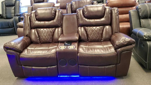 Party Time Brown Reclining Sofa in Leather Gel with Power Motion, Led Lights, Wireless Charger, Bluetooth & USB Charger NEI-S2020-Brown