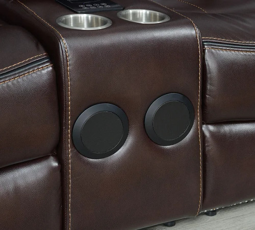 Party Time Brown Reclining Sofa in Leather Gel with Power Motion, Led Lights, Wireless Charger, Bluetooth & USB Charger NEI-S2020-Brown