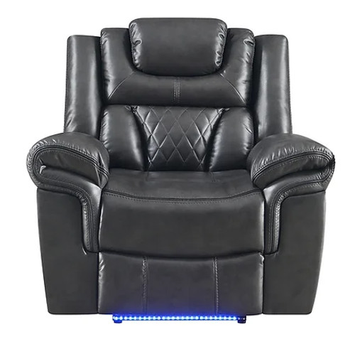 Party Time Brown Reclining Sofa in Leather Gel with Power Motion, Led Lights, Wireless Charger, Bluetooth & USB Charger NEI-S2020-Gray