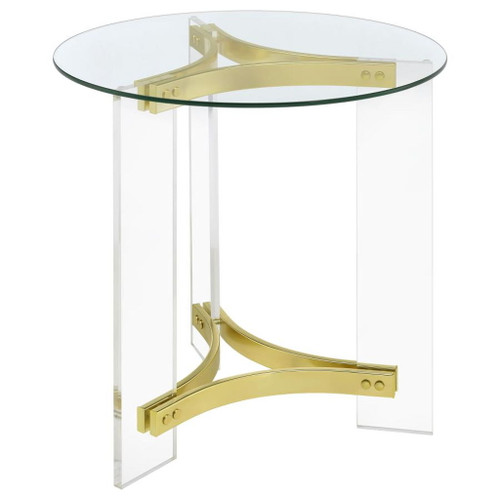 Janessa - Round Glass Top End Table With Acrylic Legs - Clear And Matte Brass