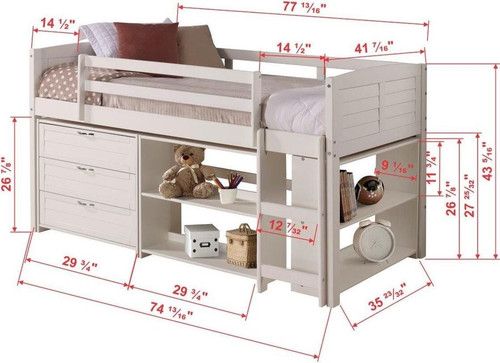 Twin Louver Modular Low Loft Bed Twin Size in White  Configuration B 790-ATW/BW/DW/EW