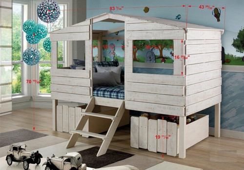 Twin Tree House Loft Bed Twin Size in Rustic Sand Finish	1380-TLRS, 1381-RS