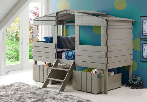 Twin Tree House Loft Bed Twin Size in Rustic Gray	1380-TLRG, 1381-RG