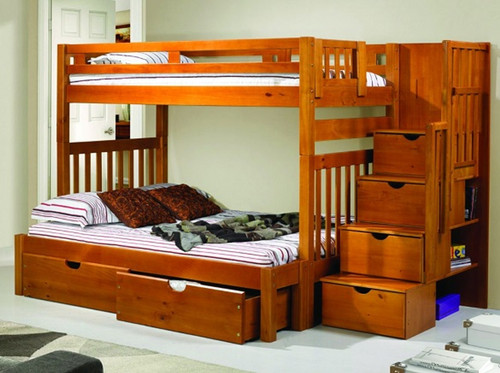 Twin over Full Tall Mission Stairway Bunkbed in Honey 200-TTSH/EXT, 505-H, 503-H