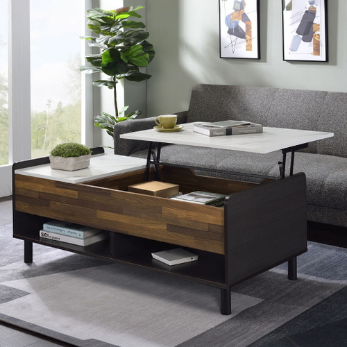 Axel - Coffee Table With Lift Top - White Printed Faux Marble Top, Walnut & Black Axel - Coffee Table With Lift Top - White Printed Faux Marble Top, Walnut & Black