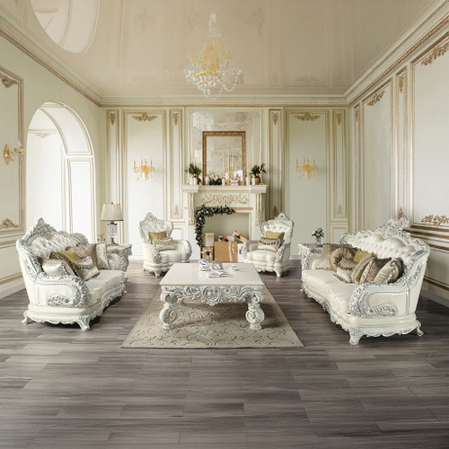 Adara - Sofa With 7 Pillows - Pearl White Synthetic Leather & Antique White