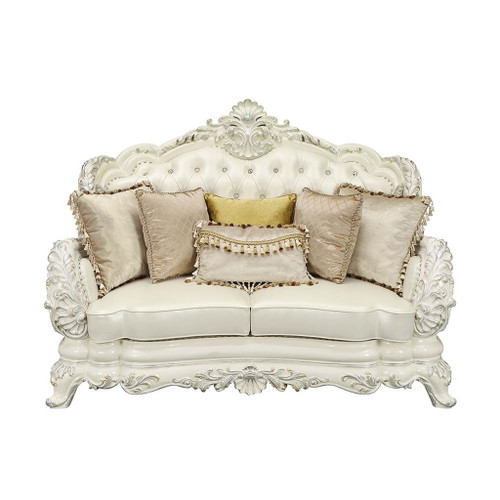 Adara - Loveseat With 5 Pillows - Pearl White Synthetic Leather & Antique White Adara - Loveseat With 5 Pillows - Pearl White Synthetic Leather & Antique White