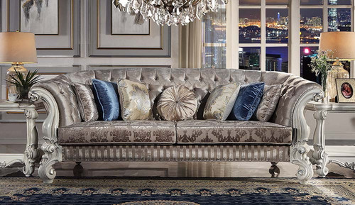 Versailles - Sofa With 7 Pillows - Ivory Fabric & Bone White Versailles - Sofa With 7 Pillows - Ivory Fabric & Bone White