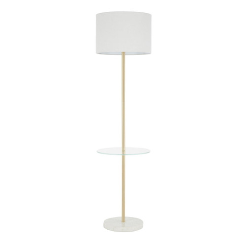 Chloe - Shelf Floor Lamp - White Marble Base, Clear Glass Shelf And White Linen Shade