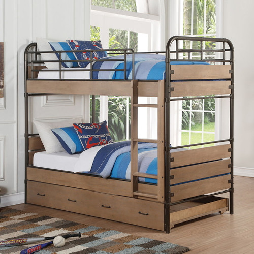 Adams - Twin Over Twin Bunk Bed With Trundle - Antique Oak & Gunmetal Adams - Twin Over Twin Bunk Bed With Trundle - Antique Oak & Gunmetal