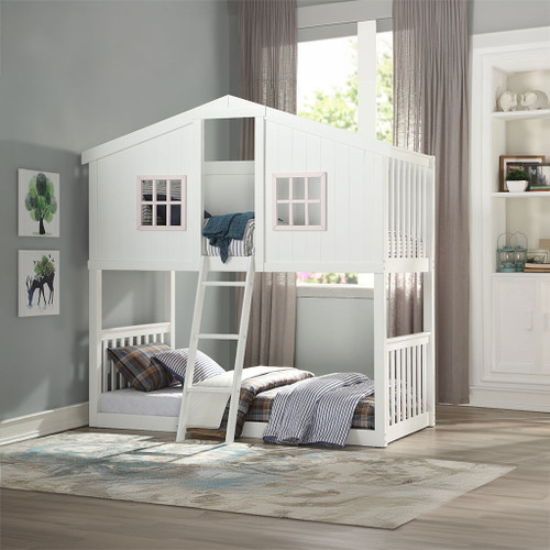 Rohan Cottage - Twin Over Twin Bunk Bed - White & Pink Rohan Cottage - Twin Over Twin Bunk Bed - White & Pink